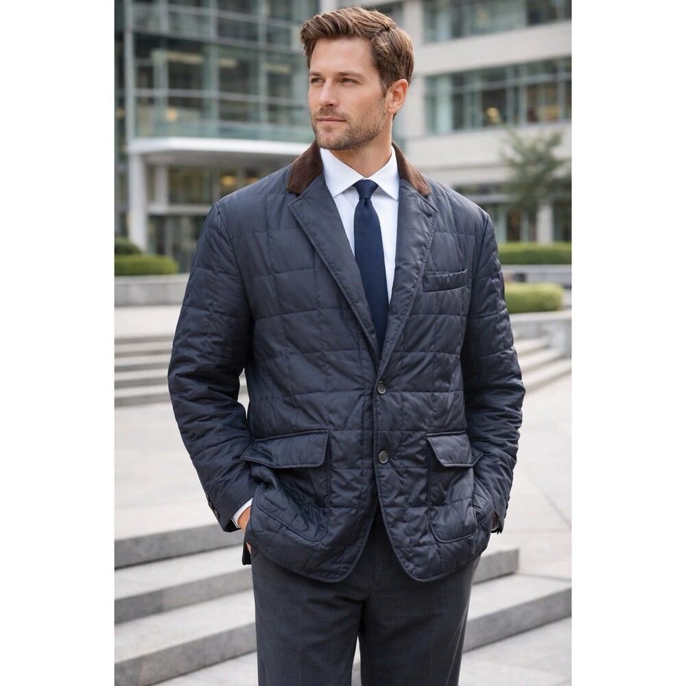 Chaps Blazer Mens 46R Navy Blue Quilted Puffer Jacket Sport Coat Corduroy Collar